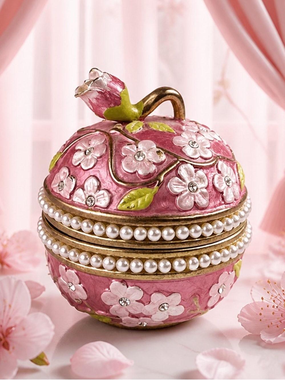Vintage Rucinni Enamel Pink Apple Blossom Trinket Box With Swarovski Crystals